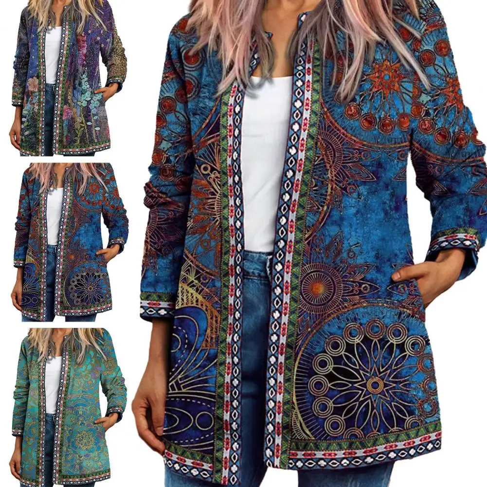 Cardigan da donna con scollo a U stampa floreale colori ricchi tasche a maniche lunghe Colorfast giacca etnica allentata a punto aperto Vintage muslimah ninny