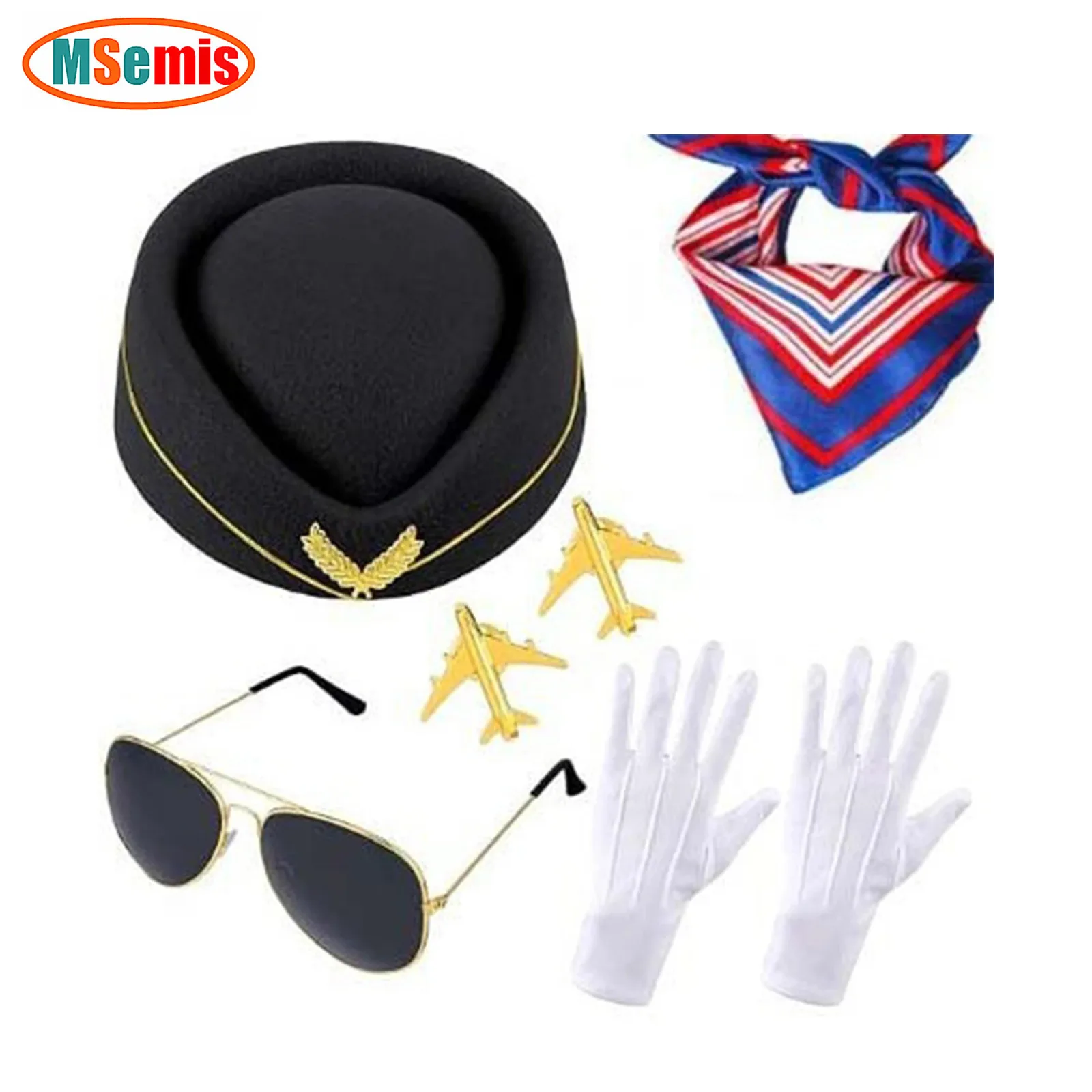 

Women Flight Attendant Cosplay Sets Stewardess Outfits Bellhop Hat Scarf Sunglasses Gloves Brooch Costume Accessories