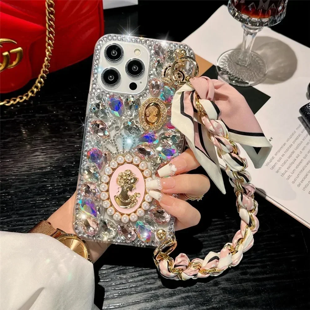 Bling Ribbon Cord Diamond Case for iPhone, Rhinestone Cover, Lanyard, for Xiaomi 12, 13, Redmi Note 10, 11, 12, 13 Pro Plus