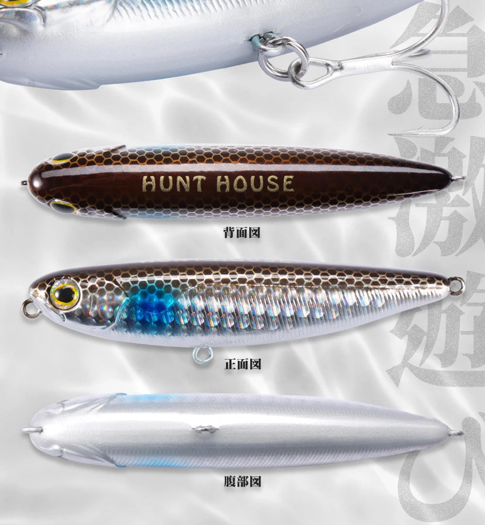 Hunthouse Schwimmender Topwater-Bleistift-Angelköder, 60 mm, 90 mm, 100 mm Oberfläche, harter Köder, WTD, Salzwasser, für Hecht, Bass, Forelle, Fischgerät – Detail 8