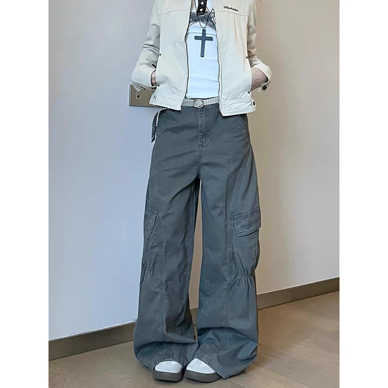 ZHIZOU Women's Baggy Gray Jean Grunge American Vintage High Street Y2k 2000s Wide Fit Denim Pants Cowboy Long Trousers Tide