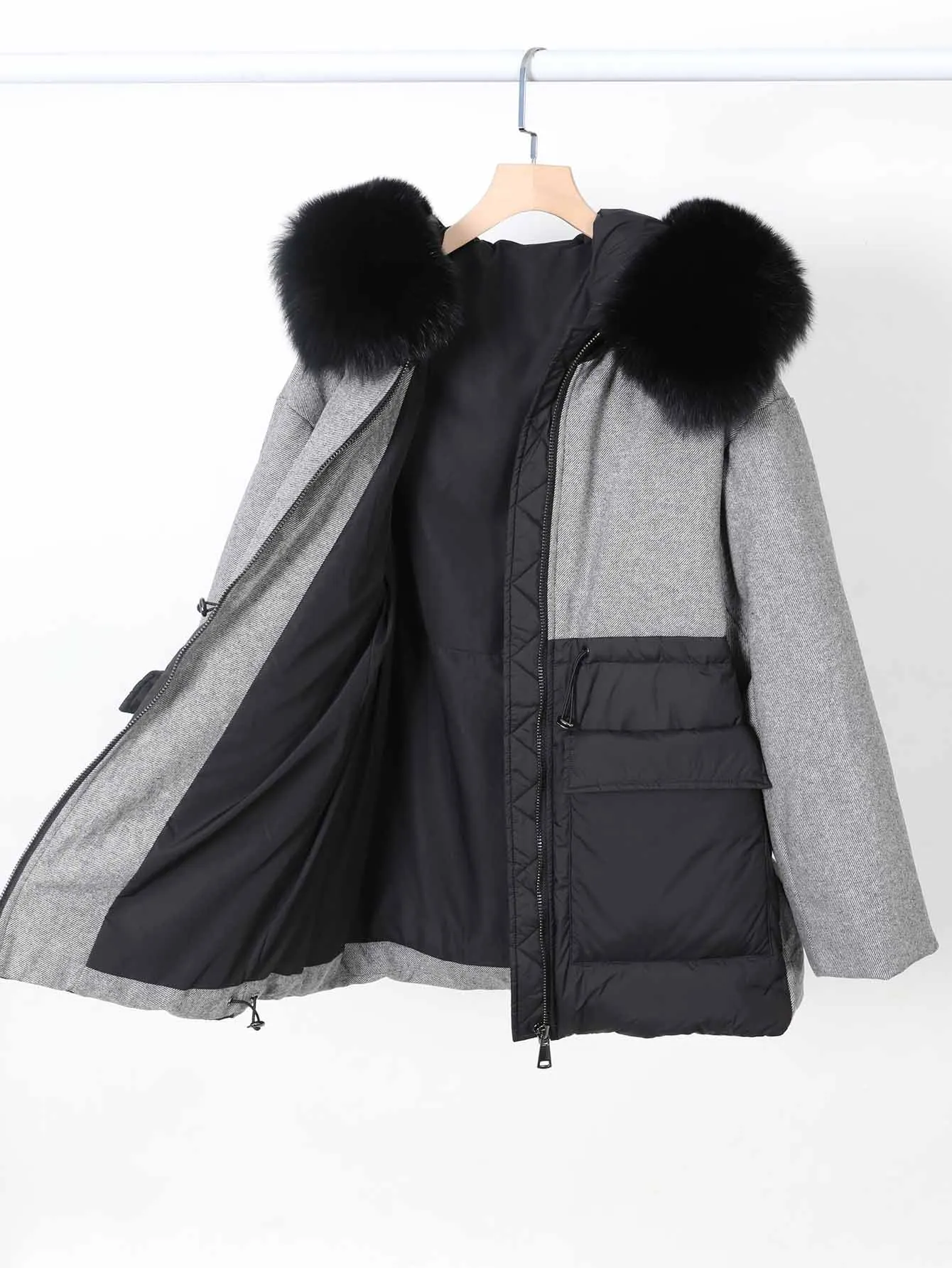 Plus Size Tops Real Fox Fur Collar Down Jacket Coffee Wool Fabric Women's Winter Coat Zipper Fashion