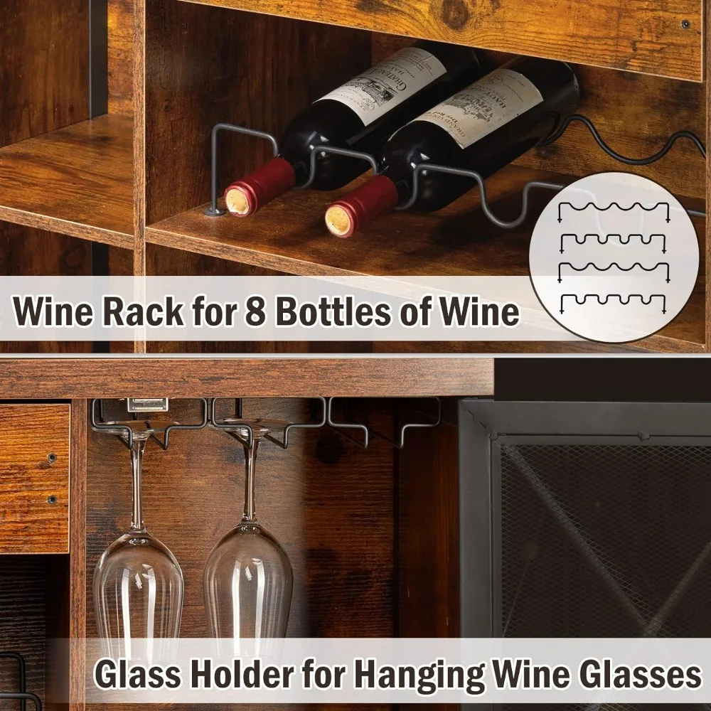 Wine Bar Cabinet with Wine Rack and Glass Holder, Farmhouse Coffee Bar Cabinet for Liquor and Glasses,  Rustic Brown