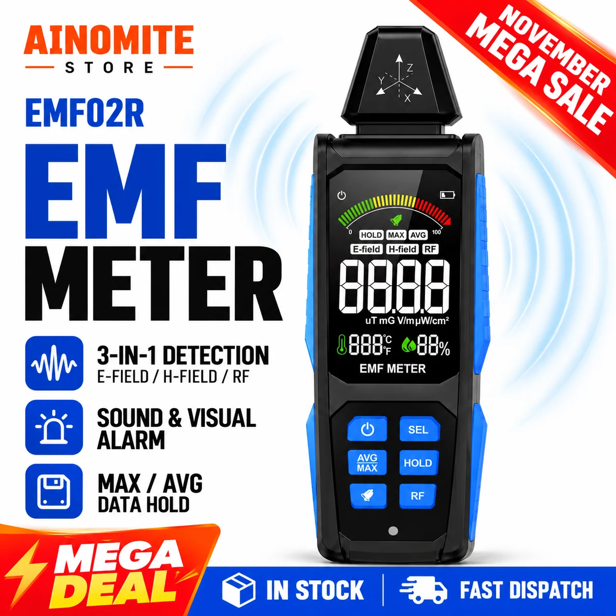 5-in-1 EMF Meter 30Hz-8GHz RF Magnetic ELF Detector VA Color Display Sound Light Alarm Temperature Humidity for Home