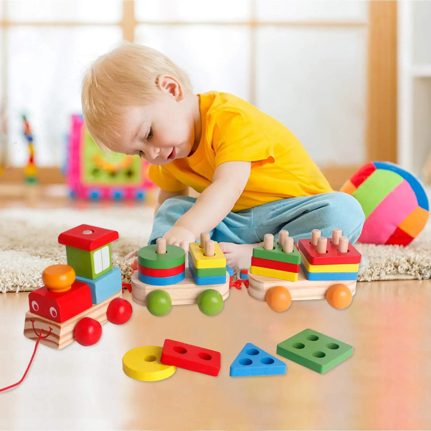 Tren de bloques de construcción de madera para niños, clasificador de formas de juguete y juego de apilamiento para niños pequeños, beneficio Montessori, preescolar intelectual