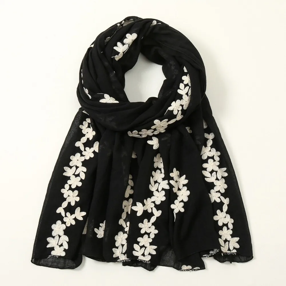 

Floral Pattern Embroidered Hijab Soft Edged Lightweight Thin Fabric Shawl Breathable Temperament Ethnic Long Foulard