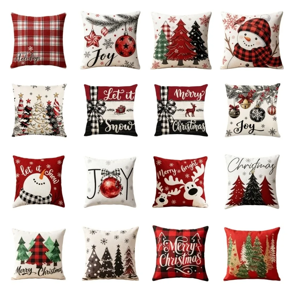 Soft Christmas Pillow Cover Elk Deer Linen Throw Cushion Case Grid Plaid 45cm 17.72in Snowman Pillow Cover Party Decoration