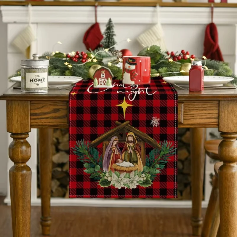 Hot Selling Christmas Table Runner | Plaid Snowflake & Jesus Pattern | Festive Restaurant Mat & New Year Gift