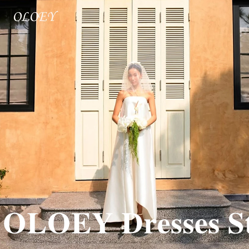 

OLOEY Simple Strapless Straight Satin Wedding Party Dresses Japan Korea Women Formal Gowns Bride Reception Dress Customized