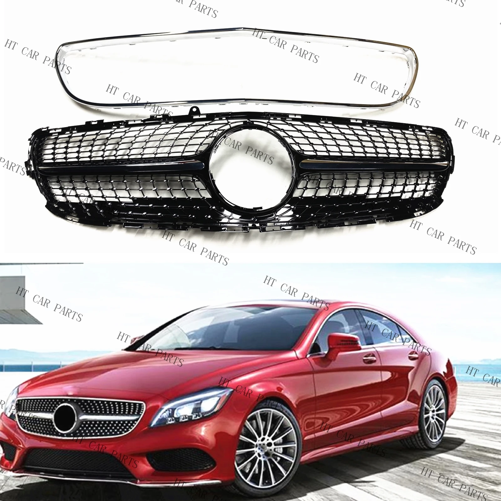 1 x Black Diamond Style Front Bumper Grill For Mercedes Benz W218 CLS Class 2014-2018 2014 2015 2016 2017 2018