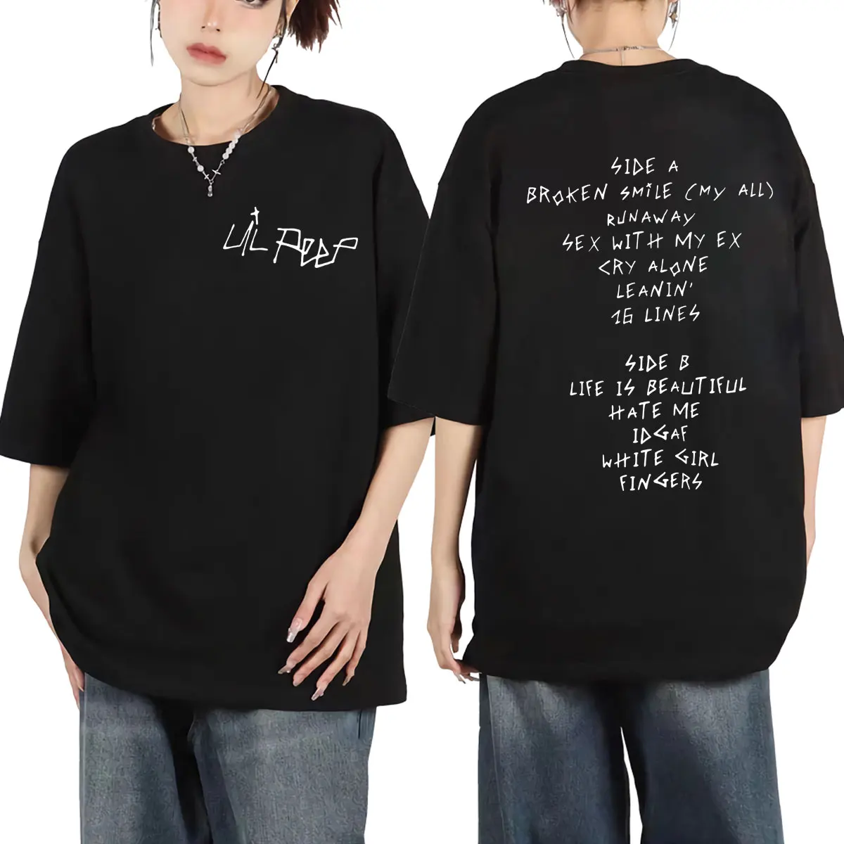 Rapper Lil Peep Double Sided Print T-shirt Harajuku Hip Hop Short Sleeve T Shirts Men Women High Street Fashion Trend T-shirts