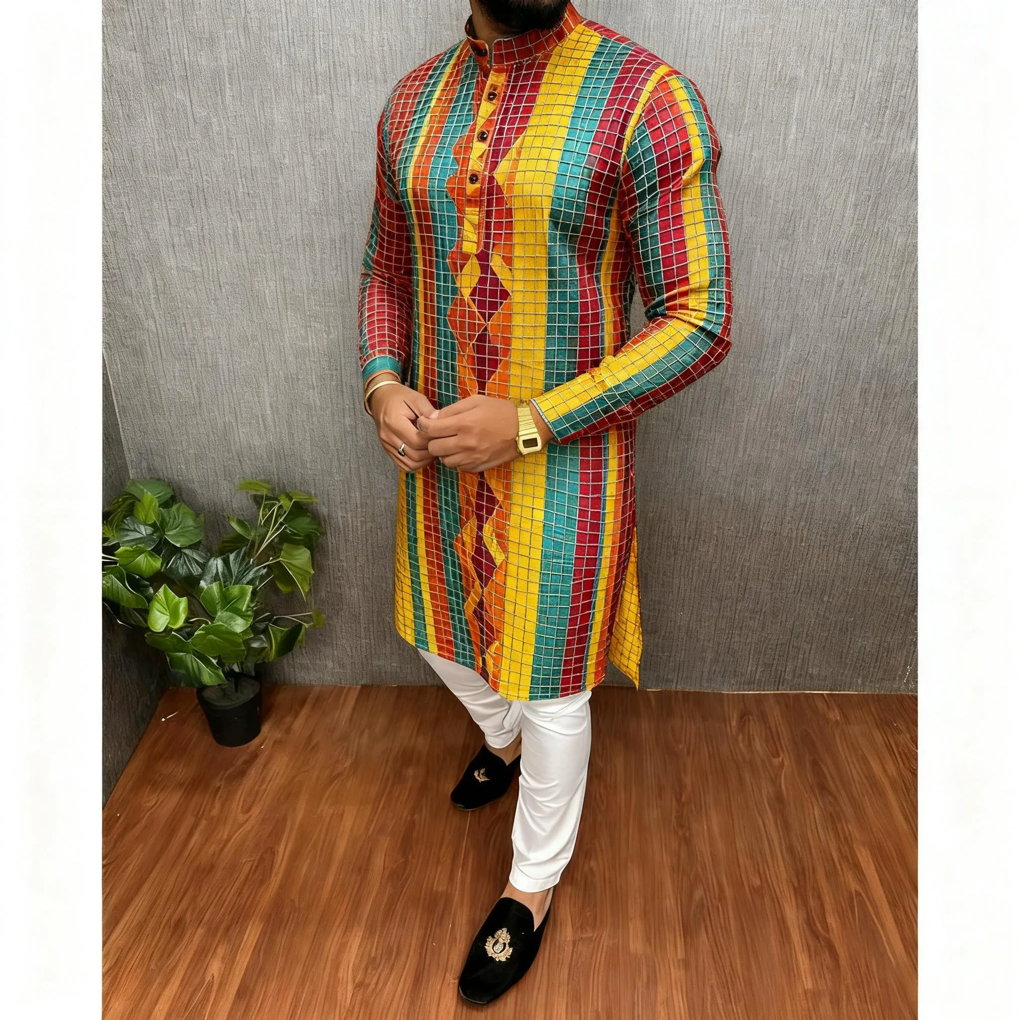 メンズゆったりムスリムシャツ 春 スタンドカラー カジュアルシャツ カフタン 長袖 メンズトーブ クルタ ロパ・アラベ カミサ・アラベ オムブレ