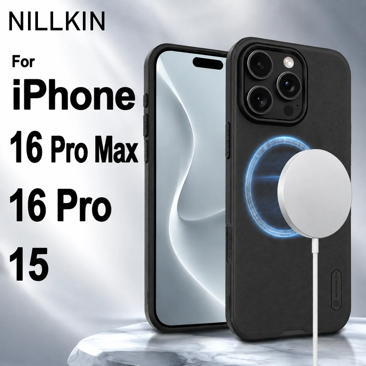 Étui magnétique NILLKIN pour iPhone 16 15 Pro Max, cadre en TPU givré, protection antichoc, protection de l'objectif avec bords surélevés CA4002