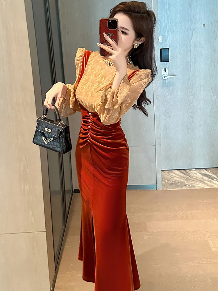 Elegant Fashion Fake 2 Pieces Dress Women Clothes Celebrity Velvet Lace Patchwork Folds Slit Fishtail Robe Party Date Vestidos