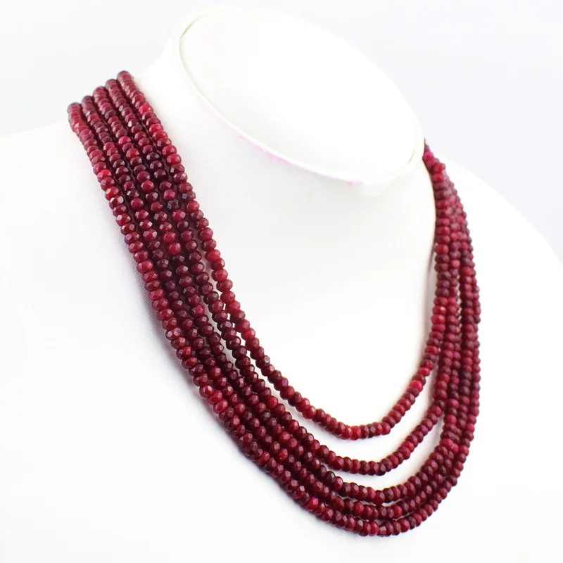 407 Cts Earth Mined 5 Strand Enhanced Red Ruby Faceted Beads Necklace JK 18E424