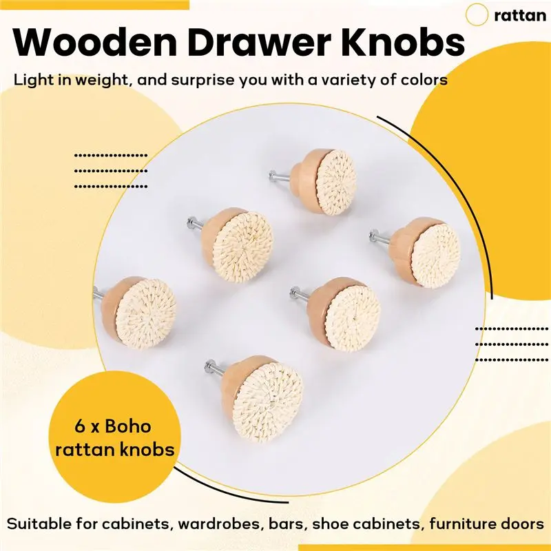 Boho Rattan Dresser Knobs Round Wooden Drawer Knobs Handmade Wicker Woven And Screws For Boho Furniture Knobs Beige-A68E