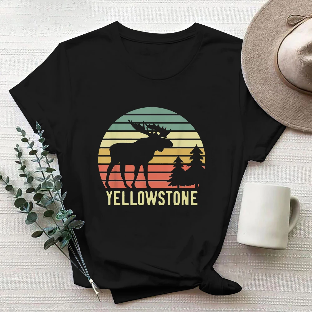 2024 Summer T-Shirt Women Newest Fashion Casual Cute Cartoon Cute Camo Yellowstone National Park Vintage Retro Deer T Shirt