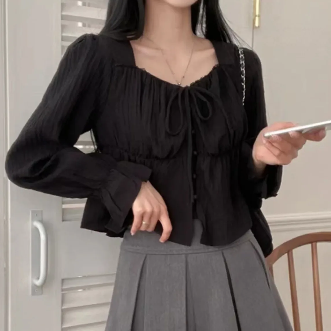 Sweet Girl ort Bubble Sve Top in chiffon con orlo arricciato Faion da donna coreano Sle Primavera Estate Design Ele Doll irt