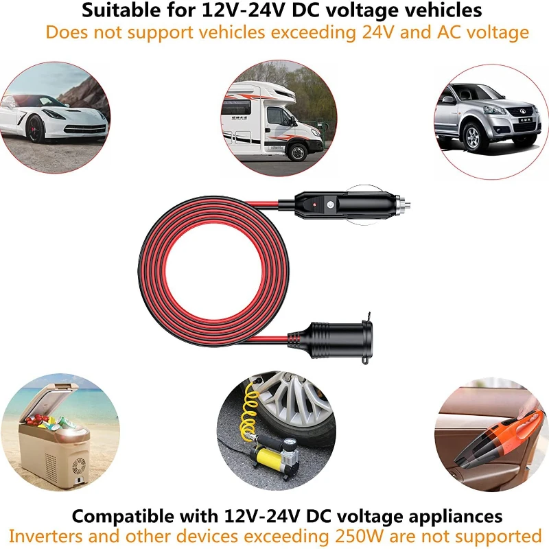 12 AWG Cigarette lighter female socket for vehicles and ships, 6m extension cord power socket in stock for vehicle-mounted use