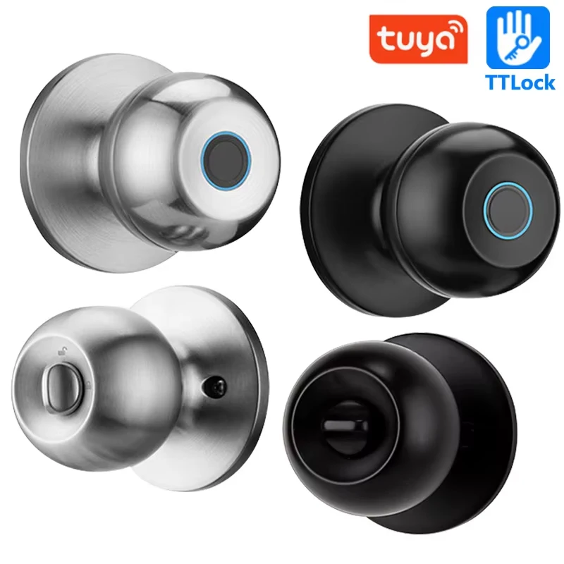 Tuya Bluetooth App Control Smart Fingerprint Round Door Knobs Rotation Lock Knobset Handle Metal Door Knob With Phycial Key