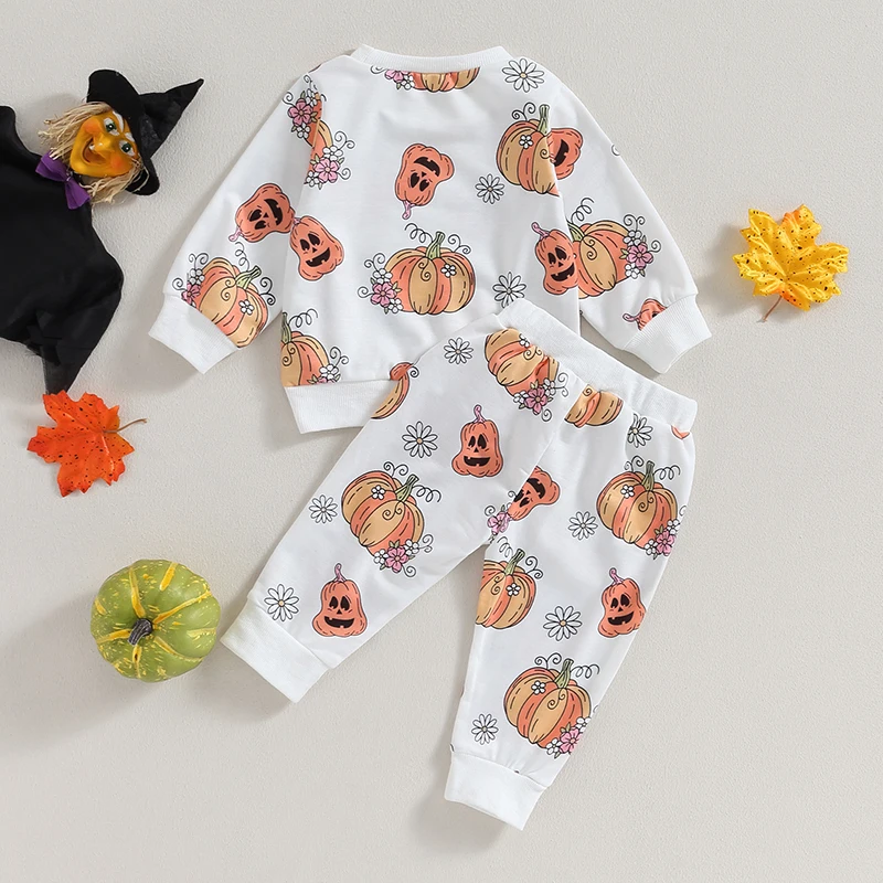 Halloween-Kostüm-Set für Mädchen, langärmelig, Rundhalsausschnitt, bedrucktes Sweatshirt, Oberteil mit passender Hose mit Blumen-Kürbis-Aufdruck für