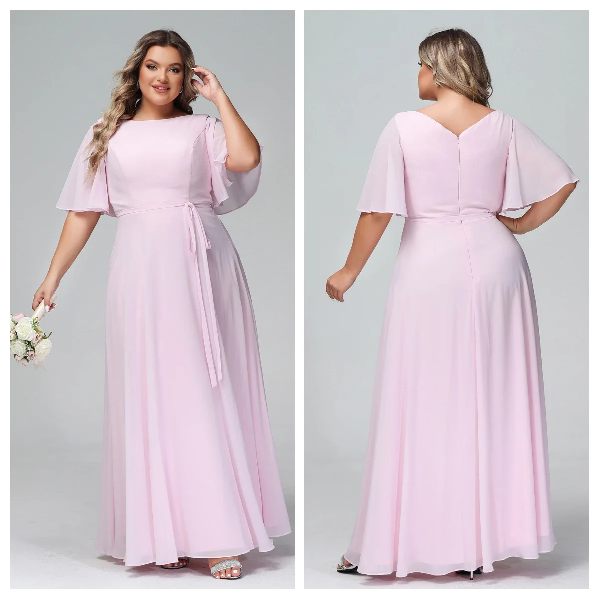 

Plus Size Women Chiffon Dress Summer O Neck Short Sleeve High Waist Flowy Maxi Dress Elegant Wrap Wedding Guest Evening Dresses
