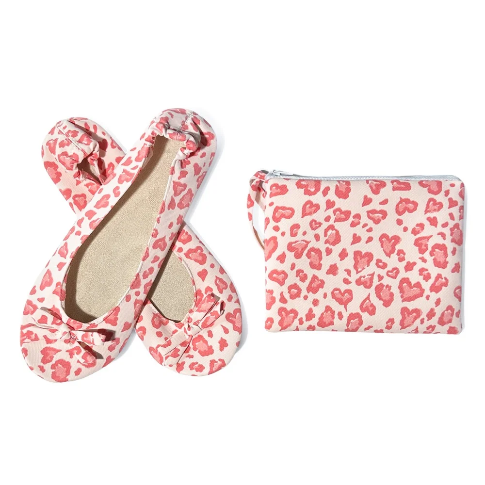 Leopard Print Soft Foldable Women Ballet Flats Portable Fold Up Travel Slip On Mini Flat Shoes Lightweight Matching Storage Bag