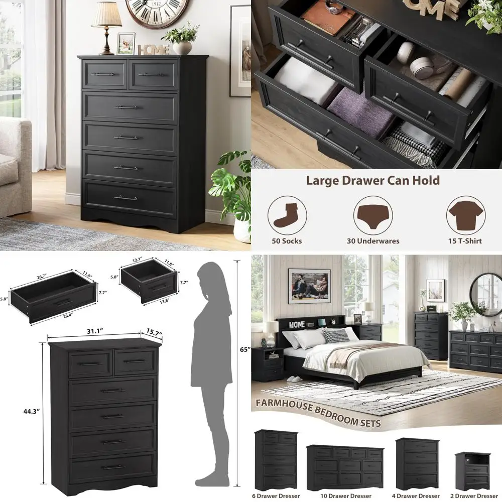 black dresser for bedroom, modern 6 chest of drawers, 44