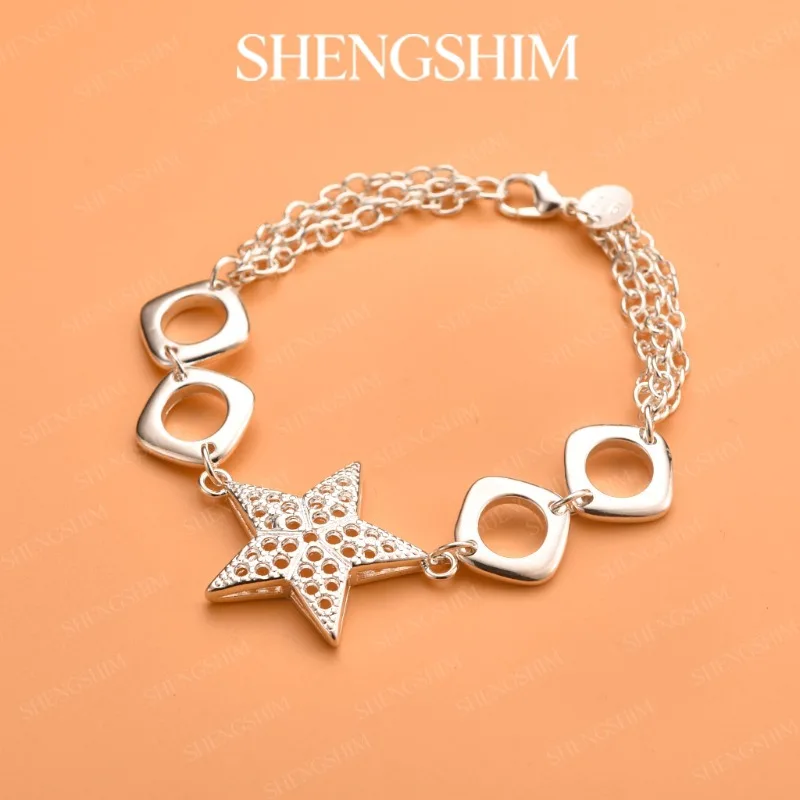 SHENGSHIM 925 Sterling Silver Openwork Star Block Bracelet Bangle For Women Fashion Jewelry Engagemens Party Birthday Gift