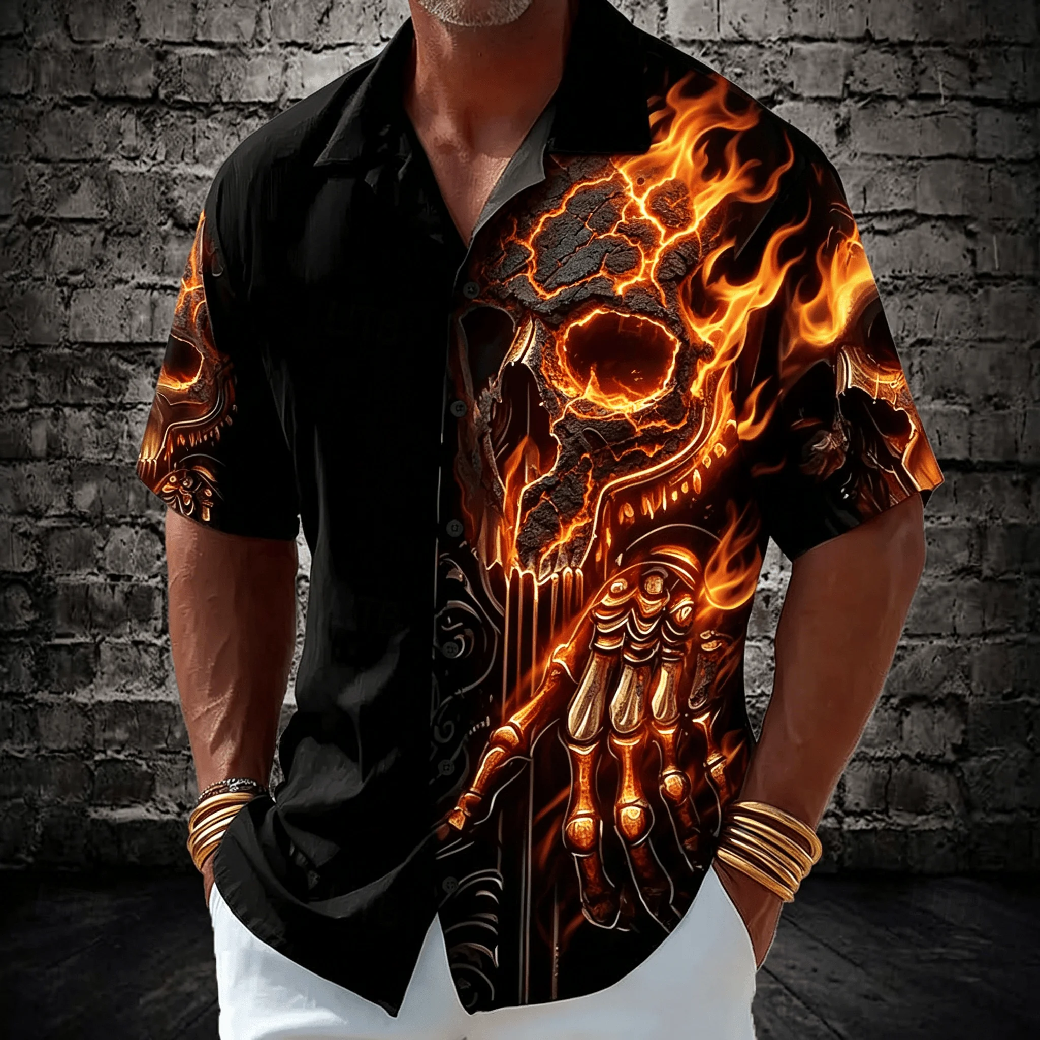 Men's Spartan Skull Knight Print Short Sleeve Shirt, Dark Gothic Casual For Spring Summer, Beach Vacation Casual Wear