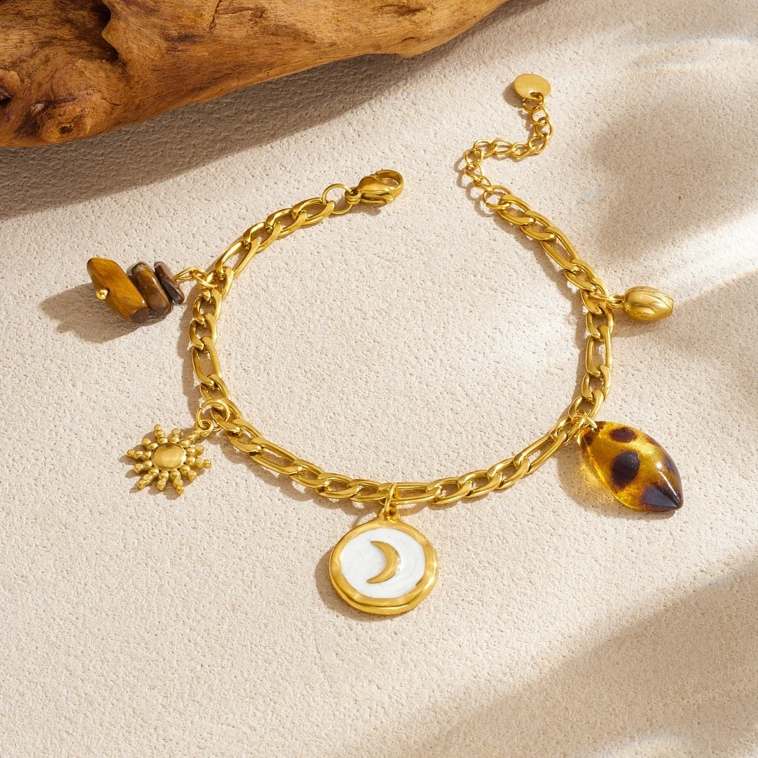 18K Gold Plated Stainless Steel Paperclip Chain Bracelet Sun Moon Leopard Enamel Bead Charms Bracelets for Women Wrist Gift