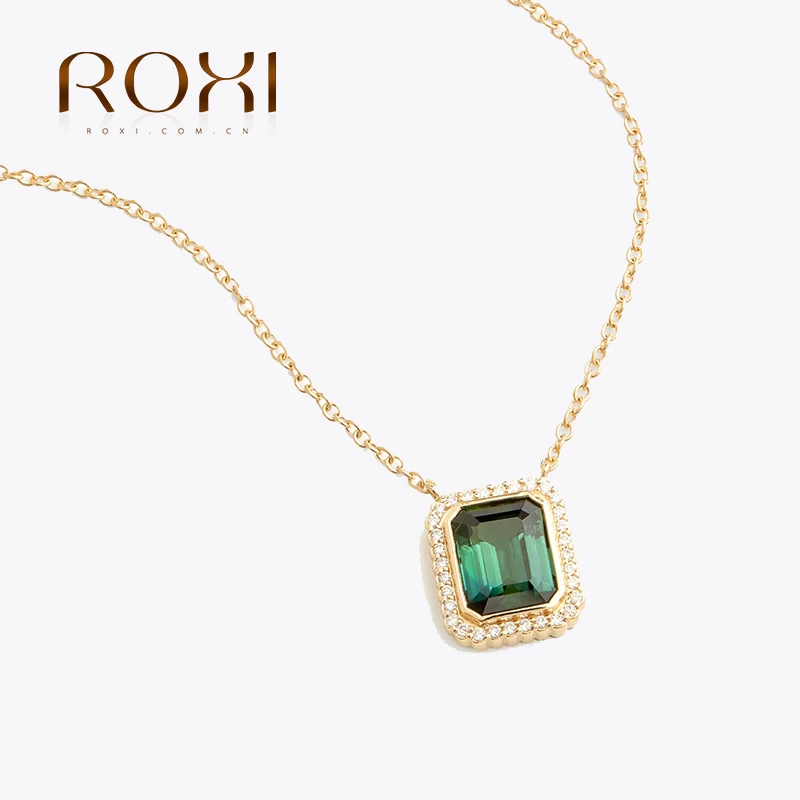 

ROXI Personalized Versatile Stacking Necklace 925 Sterling Silver Green Diamond Pendant Temperament Necklace Retro Jewelry