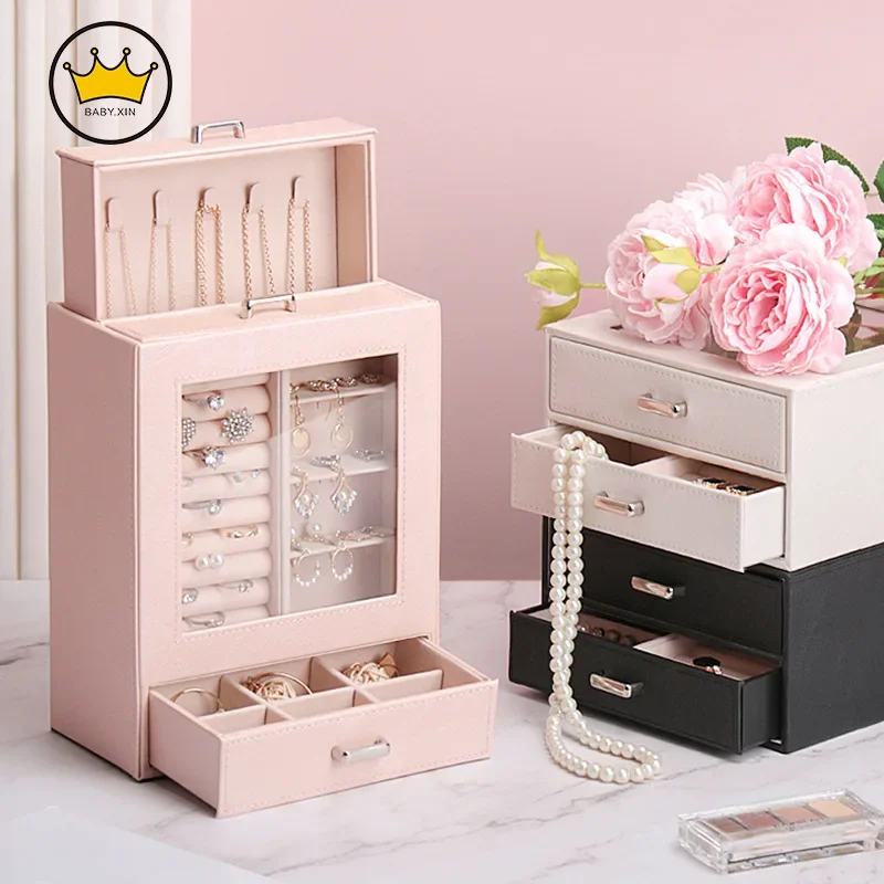 

Jewelry Box Exquisite Drawer Box PU Ring Earrings Necklace Storage Box Senior Gift Box Organizador Joyero