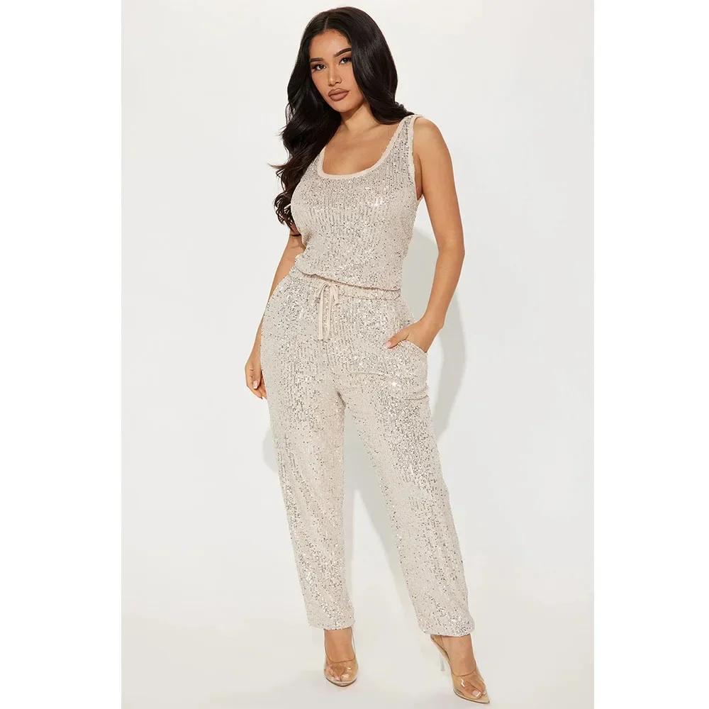 

Sequins Fashion Jumpsuits Women Sexy Sleeveless New Slim Casual Pocket Female Elegant Street Spring Summer Long Clothing