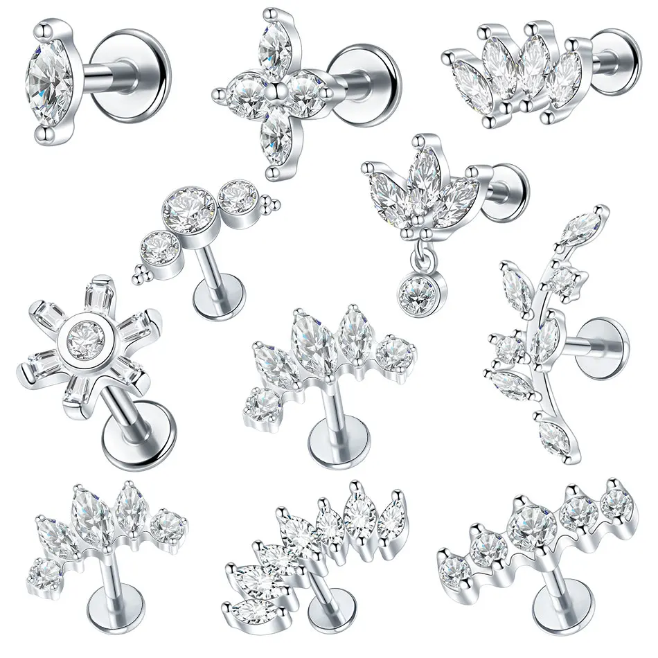 Brincos de flor de cristal de aço 16g, zircônia labret helix tragus cartilagem parafuso prisioneiro com parte traseira lisa lóbulo medusa joias de piercing, 1 peça