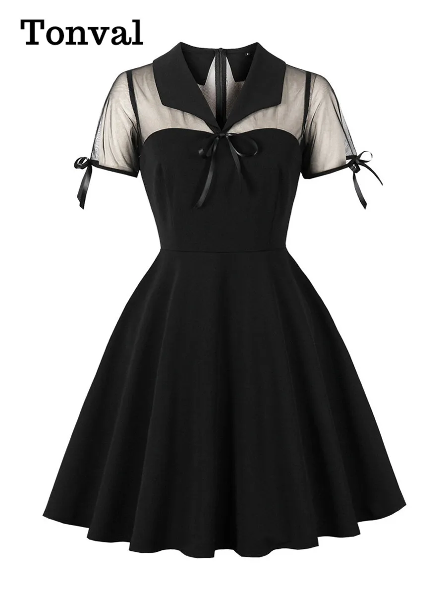 Tonval noir contraste maille à manches courtes femmes robe d'été nœud avant Cocktail soirée a-ligne Vintage Mini robes