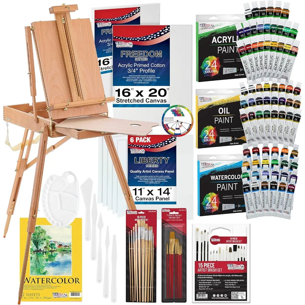 121-Piece Custom Artist Painting Set with Coronado Field Studio Sketch Box Easel, 72 Paint Colors