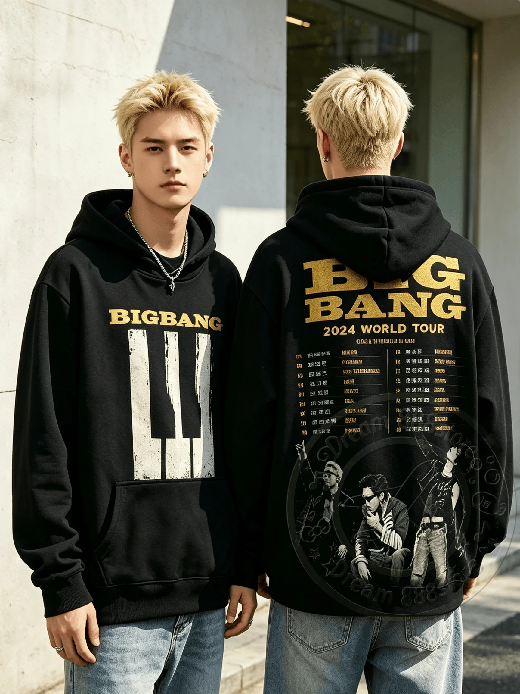 Bigbang 20. Jubiläumskonzert Merch Vintage World Tour List Hoodie mit Vorder- und Rückseitendruck Kpop Sweatshirt für Fans Männer Frauen – Detail 2