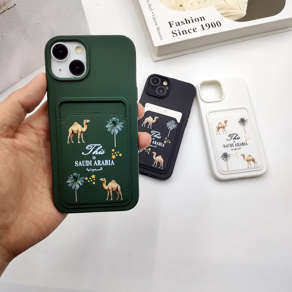 Hot Saudi Arabia Camel Wallet Card Phone Case For iPhone 12 13 14 15 Pro Max 16 Pro 11 Coconut Tree Soft Silicone Back Cover