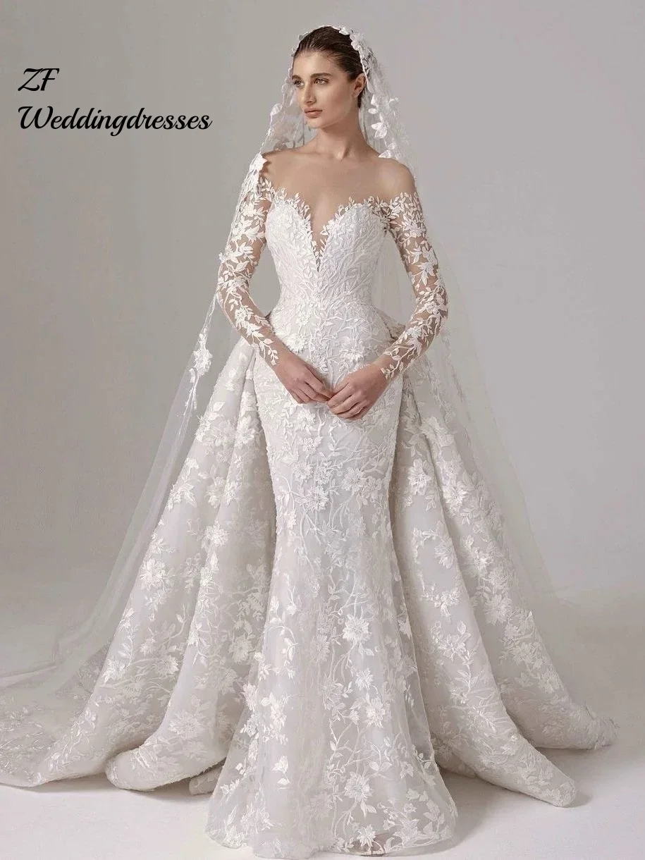 Customized 2 Pieces Mermaid Wedding Dresses Detachable Train Elegant Long Sleev White Bridal Dress Boho Robe