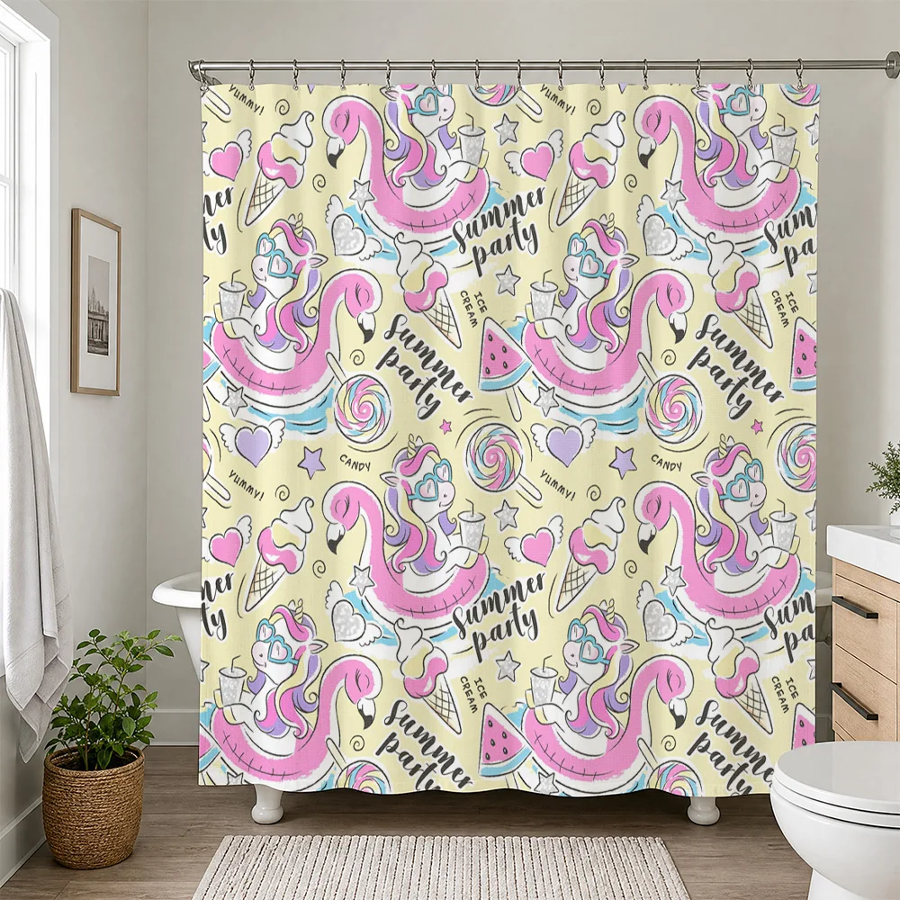 Waterproof Fun Shower Curtain Cute Summer Party Ice Cream Candy Theme Bathroom Decor Liner Bright Vibrant Home Accent Utility Sh