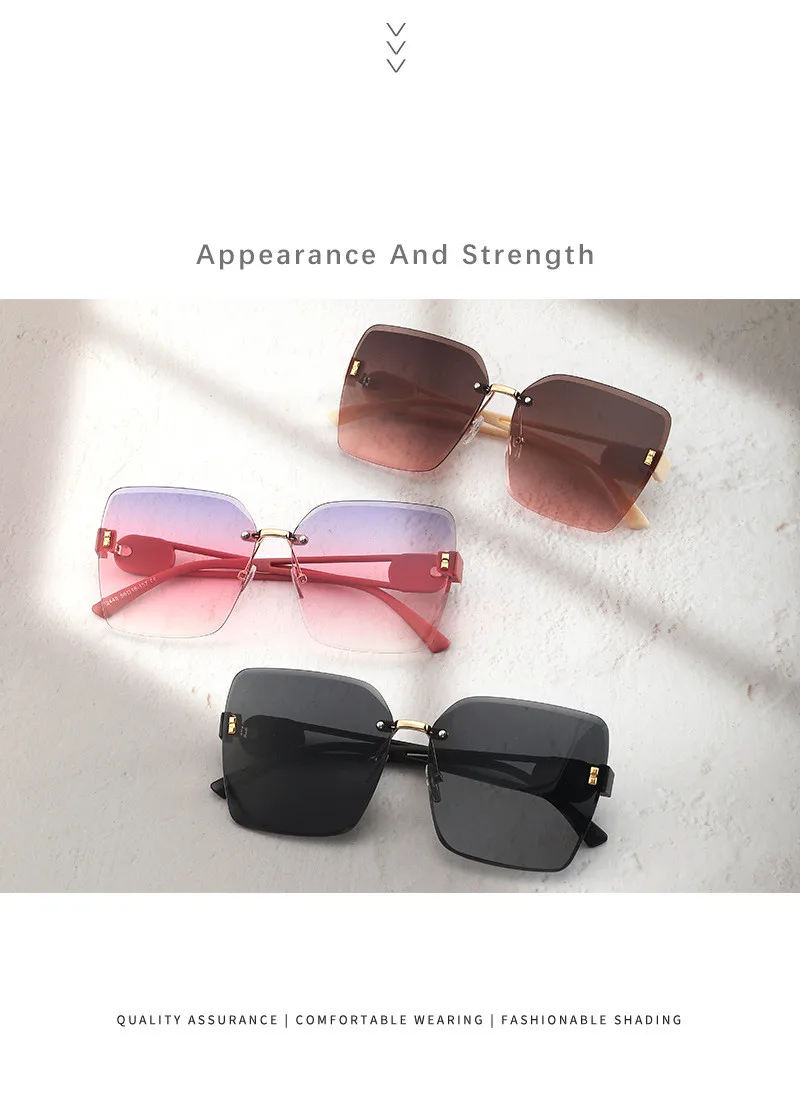 Damen-Sonnenbrille im neuen Stil, rahmenlos, mit geschliffenen Kanten, kleine, elegante Sonnenbrille DS-2448, modische Brille für Damen – Detail 2