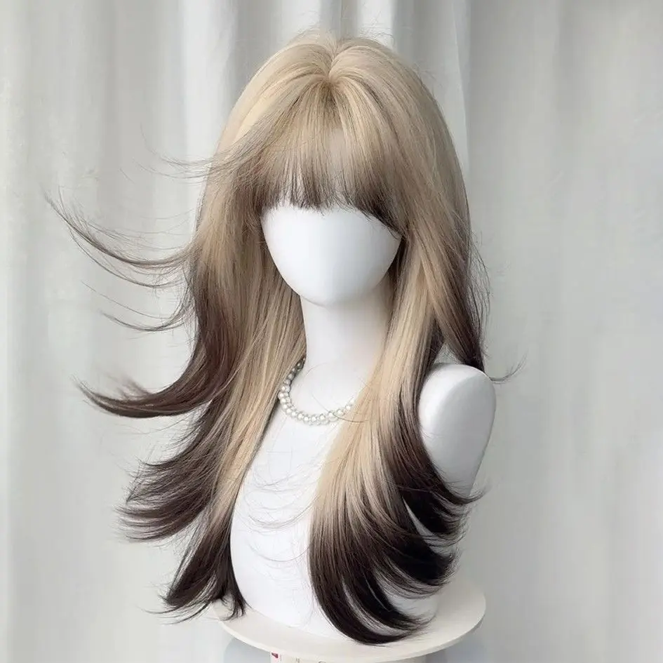 

Парик с постепенным изменением, женский высокий уровень, средняя точка, восьмизначная челка, имитация длинных прямых волос, полный головной убор