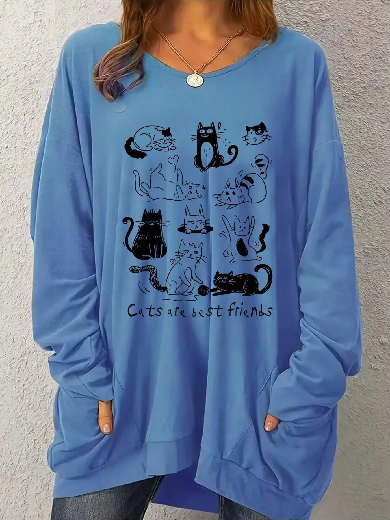 

Casual, elegant, and comfortable plus size blue lucky cat cartoon print round neck long sleeved sweatshirt top