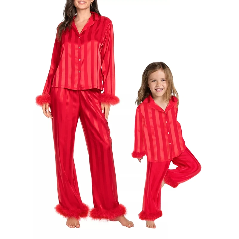 

Women Striped Pattern Satin Silk Pajamas Set Christmas Feather Long Sleeve Blouse Shirts + Pants 2 Piece Lounge Pjs Sleepwear