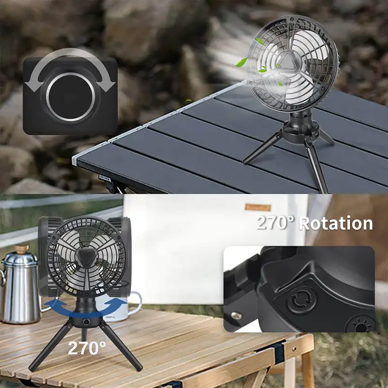 Outdoor Portable Camping Fan with LED Light Rechargeable Wireless Portable Circulator Wireless Ceiling Fan With Triangle Bracket