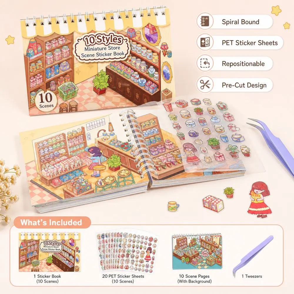 Kawaii Design 3D Scenery Stickers Spiral Bound Pre Cut Stickers Miniature Scene Sticker Repositionable Cartoon Pattern