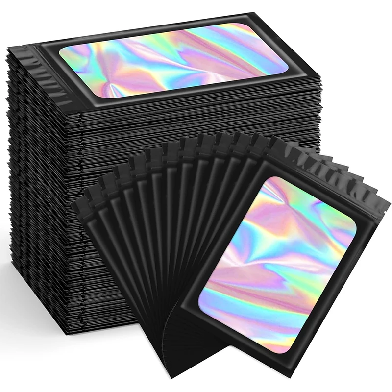 50 Stück holografische Verpackungsbeutel, wiederverschließbarer Geruchsfolienbeutel mit Reißverschluss und klarem Fenster zur Aufbewahrung von Lebensmitteln und Lipgloss
