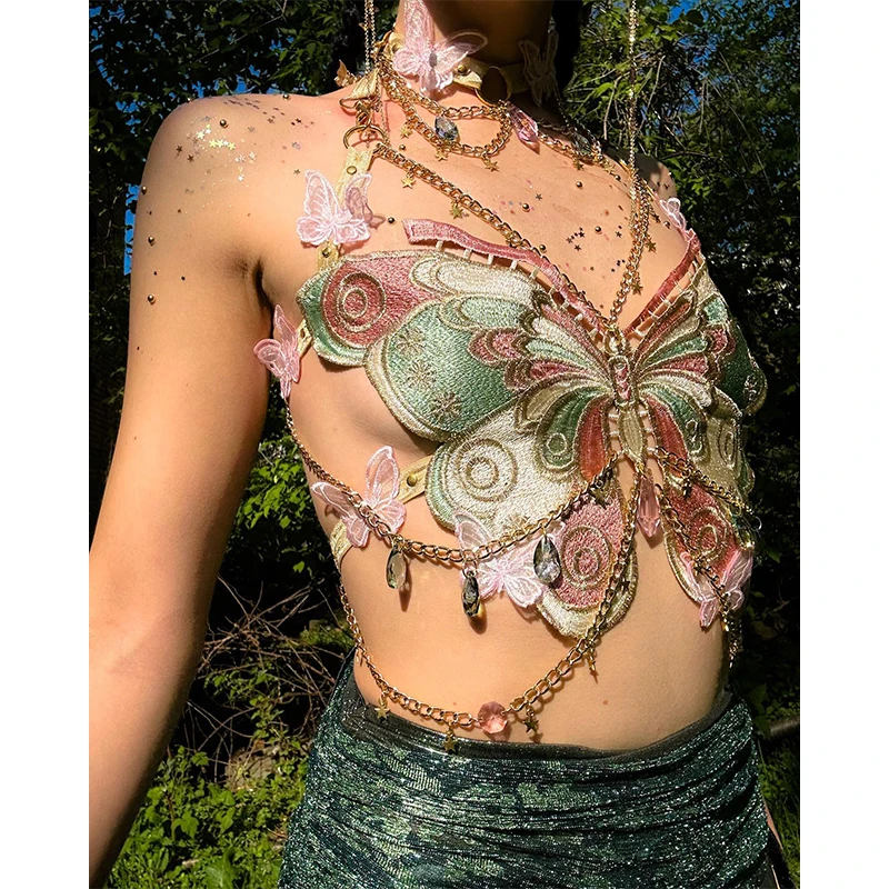 Lady Y2K Crystal Backless Camisole Rave Festival Harnesses Chokers Butterfly Embroidery Metal Chain Halter Top With Choker
