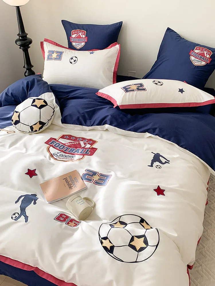 Cartoon style boy's 60 count long staple cotton four piece football patch embroidered pure cotton bedding